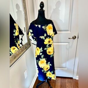 Sophisticated Dress: Floral Off-Shoulder Dress - Navy and Yellow